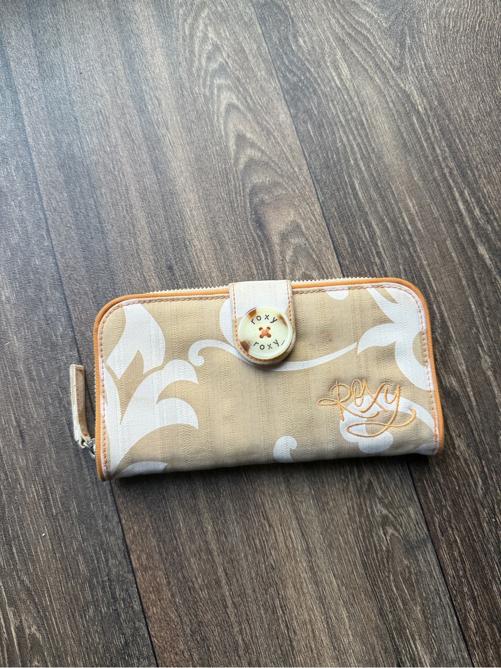 Roxy Beige Floral Zip Wallet with White Print and Orange Trim